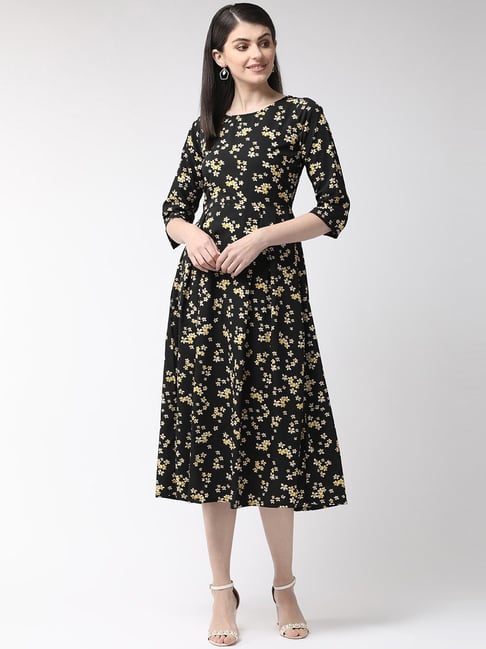 Melon by Pluss Black Floral Print A-Line Dress Price in India