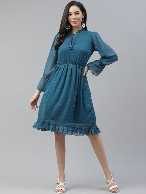 Melon by Pluss Teal Blue Self Pattern A-Line Dress Price in India
