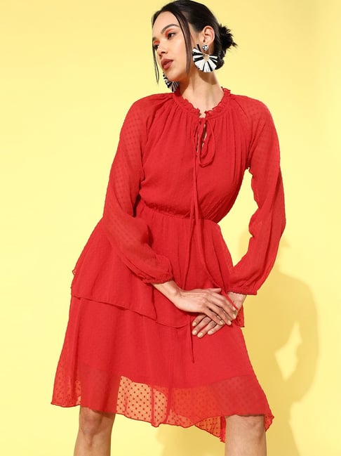 Melon by Pluss Red Self Pattern A-Line Dress Price in India