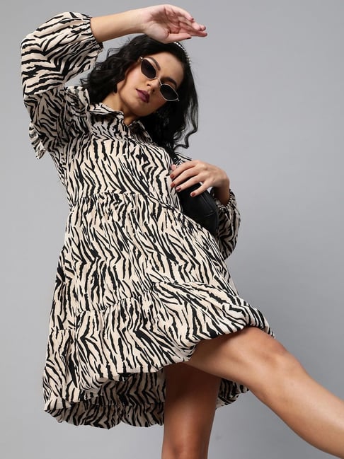 Melon by Pluss Beige Animal Print A-Line Dress Price in India