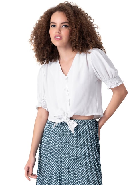 FabAlley White Front Tie Smocked Sleeve Crop Shirt Price in India