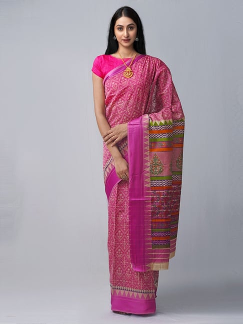 Unnati Silks Pink Cotton Silk Printed Saree With Unstitched Blouse Price in India