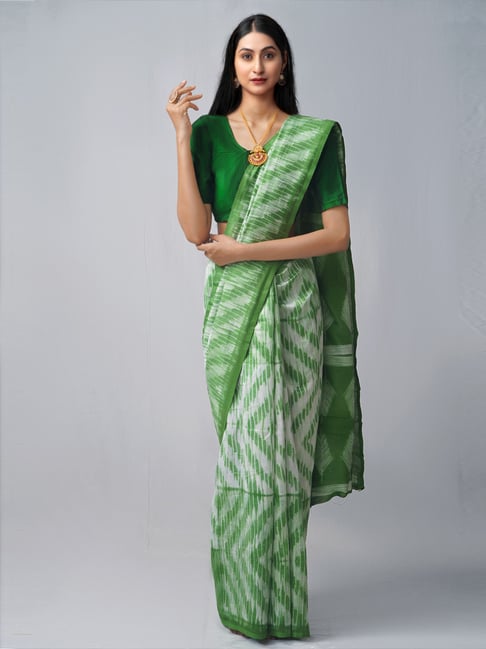Unnati Silks Green Cotton Silk Printed Saree With Unstitched Blouse Price in India