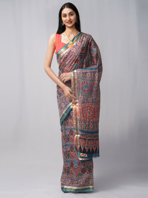 Unnati Silks Blue & Red Cotton Printed Saree With Unstitched Blouse Price in India