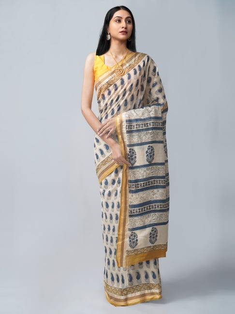 Unnati Silks Beige Cotton Printed Saree With Unstitched Blouse Price in India