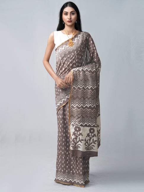 Unnati Silks Grey Cotton Printed Saree With Unstitched Blouse Price in India