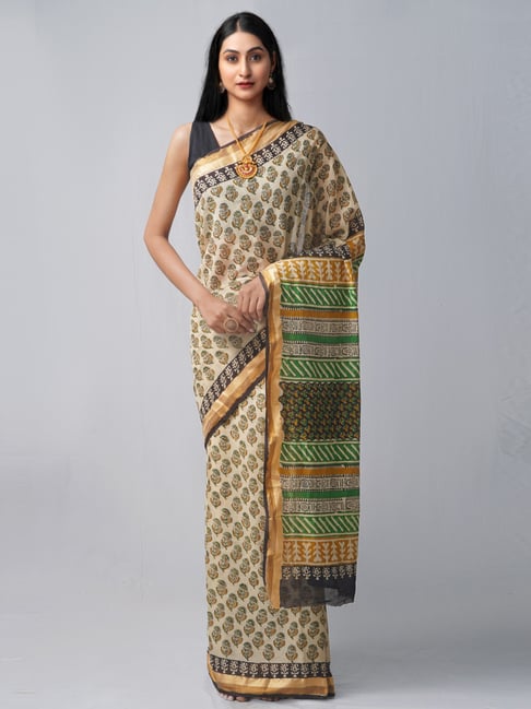 Unnati Silks Beige Cotton Printed Saree With Unstitched Blouse Price in India
