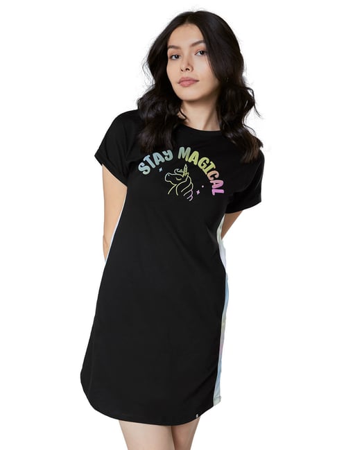 The Souled Store Black Graphic Print T-Shirt Dress Price in India