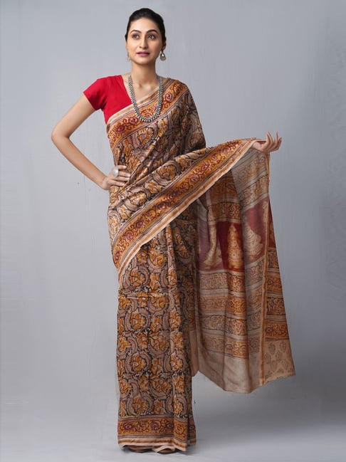 Unnati Silks Cream & Red Cotton Silk Printed Saree With Unstitched Blouse Price in India