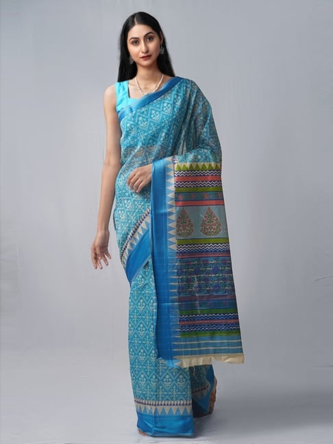 Unnati Silks Blue Cotton Silk Printed Saree With Unstitched Blouse Price in India