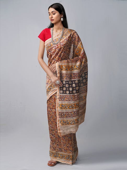 Unnati Silks Maroon & Cream Cotton Silk Printed Saree With Unstitched Blouse Price in India