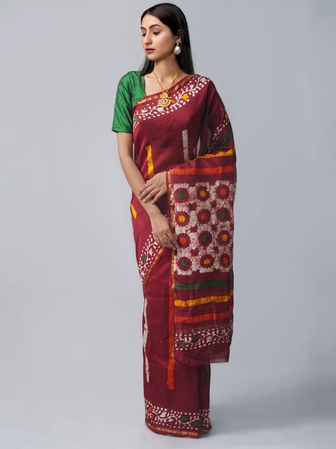 Unnati Silks Maroon Batic Print Saree With Unstitched Blouse Price in India