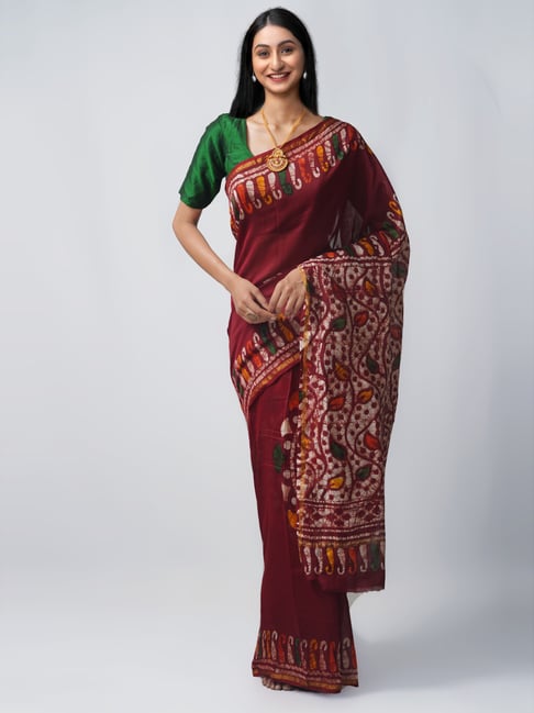 Unnati Silks Maroon Batic Print Saree With Unstitched Blouse Price in India