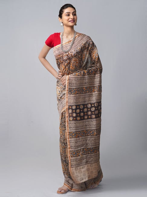 Unnati Silks Black Printed Saree With Unstitched Blouse Price in India