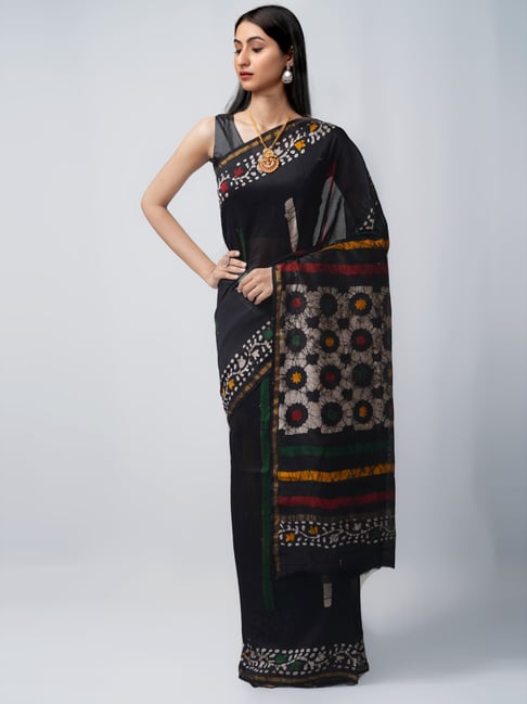 Unnati Silks Black Batic Print Saree With Unstitched Blouse Price in India