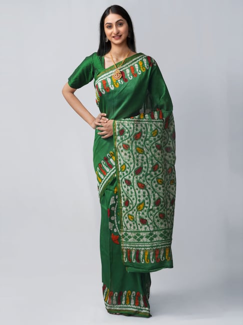 Unnati Silks Green Batic Print Saree With Unstitched Blouse Price in India