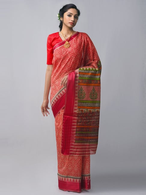 Unnati Silks Red Printed Saree With Unstitched Blouse Price in India