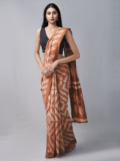 Unnati Silks Brown Printed Saree With Unstitched Blouse Price in India
