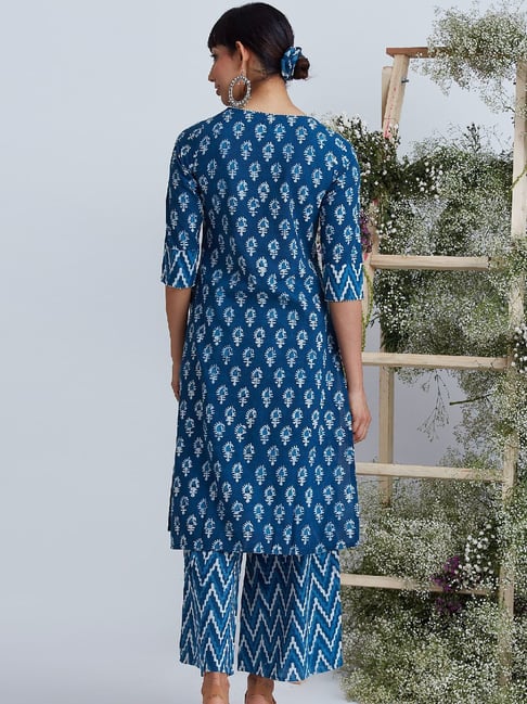 Buy Okhai Waves Blue Pure Cotton Printed Kurta Pant Set for Women