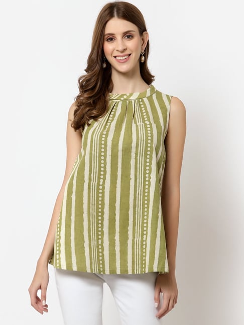 Kami Kubi Olive Green Cotton Striped Top Price in India