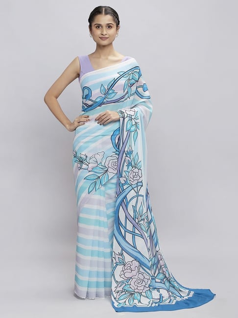navyasa by liva Blue Printed Saree With Unstitched Blouse Price in India
