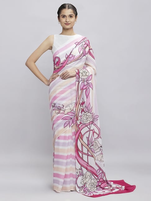 navyasa by liva Pink Rose Printed Saree With Unstitched Blouse Price in India