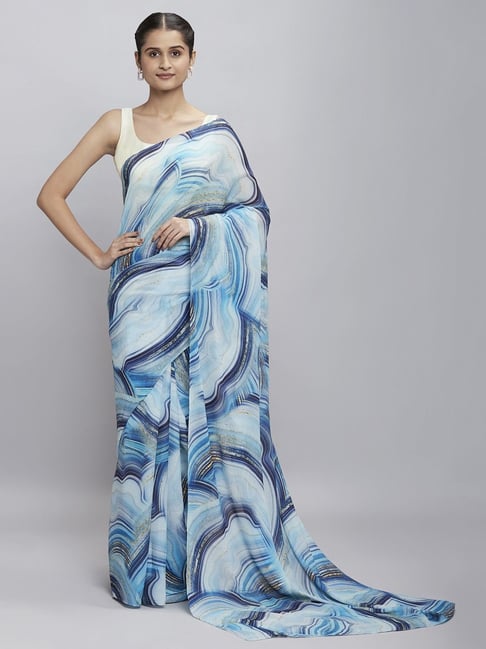 navyasa by liva Azure Blue Printed Saree With Unstitched Blouse Price in India
