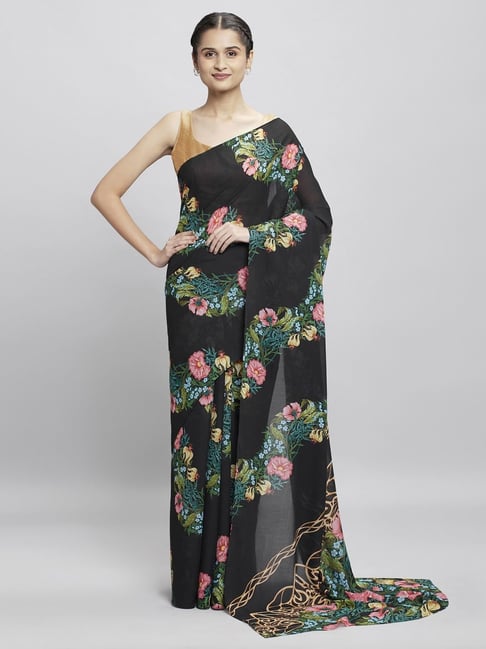 navyasa by liva Black Floral Print Saree With Unstitched Blouse Price in India