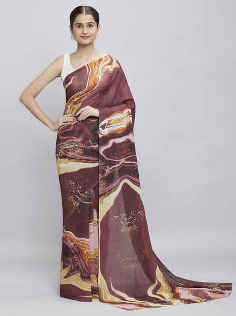 navyasa by liva Potters Brown Printed Saree With Unstitched Blouse Price in India