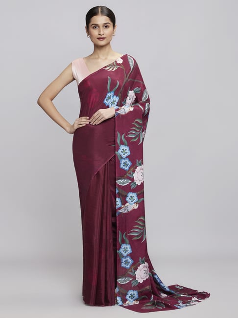 navyasa by liva Maroon Floral Print Saree With Unstitched Blouse Price in India