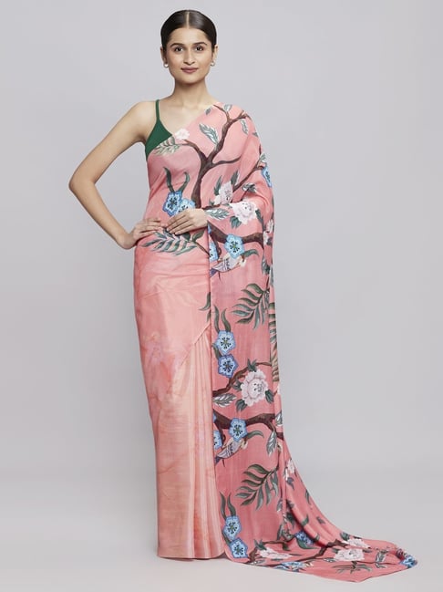 navyasa by liva Sea Pink Floral Print Saree With Unstitched Blouse Price in India