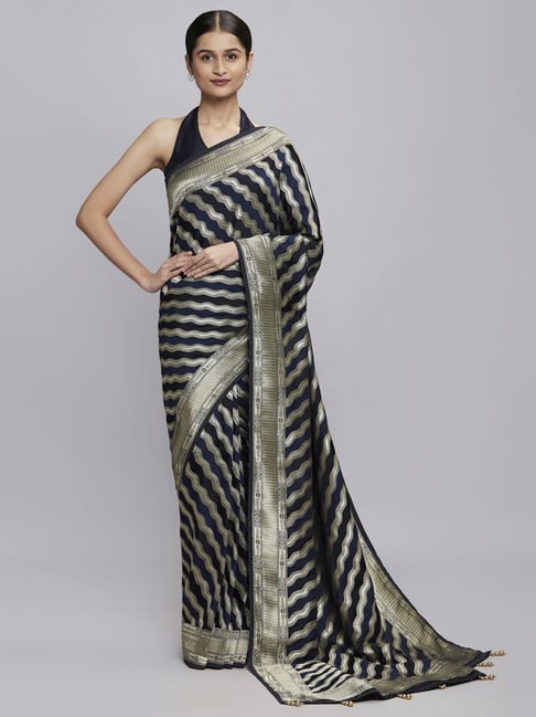 navyasa by liva Navy Zari Work Saree With Unstitched Blouse Price in India