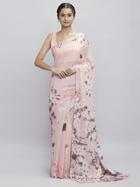 navyasa by liva Light Peach Floral Print Saree With Unstitched Blouse Price in India