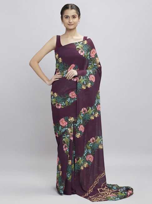 navyasa by liva Deep Orchid Floral Print Saree With Unstitched Blouse Price in India
