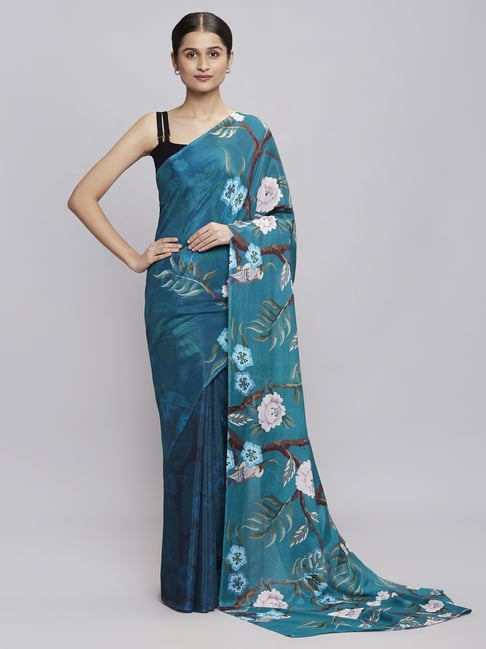 navyasa by liva Classic Blue Floral Print Saree With Unstitched Blouse Price in India