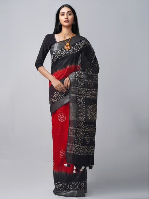 Unnati Silks Black & Red Linen Batic Print Saree With Unstitched Blouse Price in India