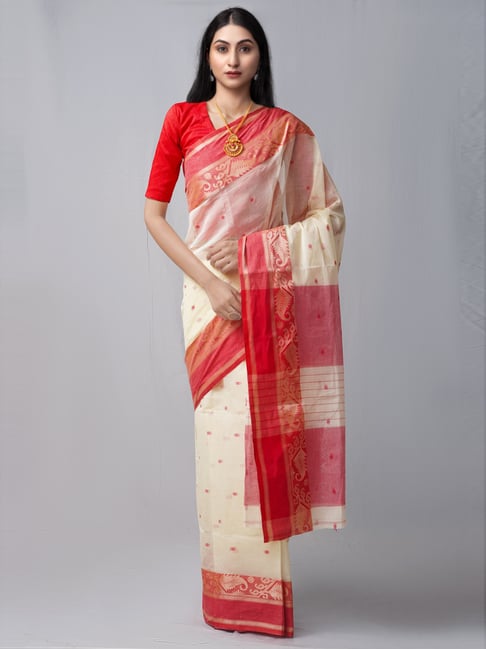 Unnati Silks Beige & Red Cotton Woven Saree With Unstitched Blouse Price in India