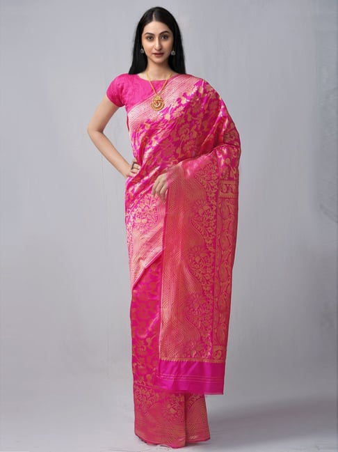 Unnati Silks Pink Silk Cotton Woven Saree With Unstitched Blouse Price in India