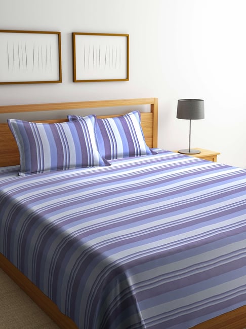 Klotthe Stripes Blue 350 TC Cotton Queen Bed Cover with 2 Pillow Covers