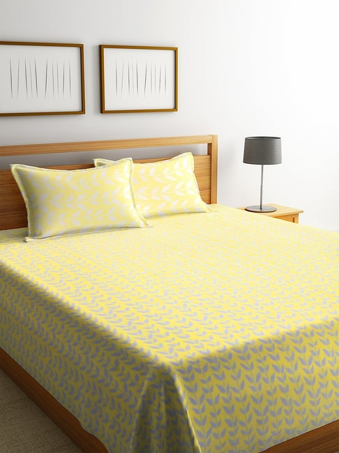 Klotthe Printed Yellow 350 TC Cotton Queen Bed Cover with 2 Pillow Covers