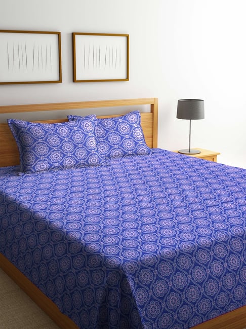Klotthe Printed Blue 350 TC Cotton Queen Bed Cover with 2 Pillow Covers