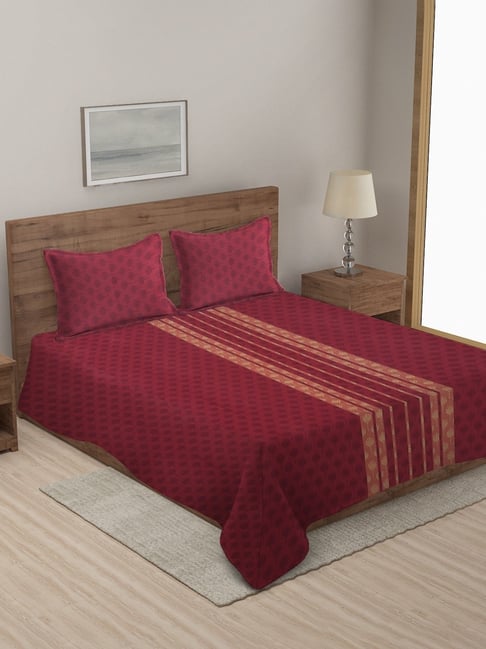 Klotthe Printed Maroon 350 TC Cotton Queen Bed Cover with 2 Pillow Covers