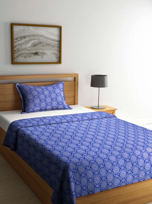 Klotthe Woven Blue 350 TC Cotton Single Bed Cover with 1 Pillow Cover
