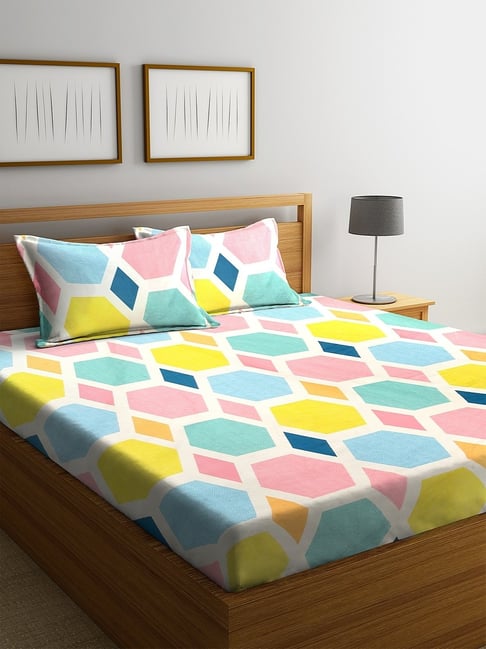 Klotthe Geometric Multicolor 210 TC Cotton Blend King Bed Sheet with 2 Pillow Covers-picture-21