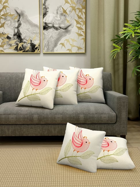 Klotthe Printed Off White 300 TC Cotton Cushion Covers - Set of 5
