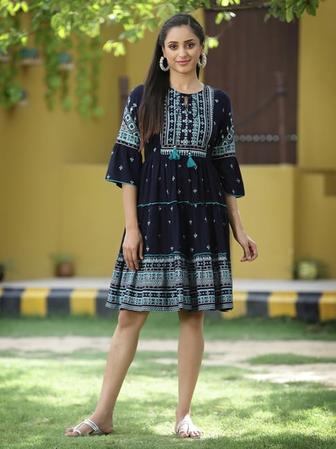 rayon knee length dresses AmberNoon II Women Blue Rayon V-Neck Long Sleeve Knee length Dress Size  X-Small