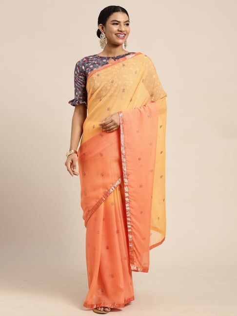 Satrani Orange Woven Saree With Unstitched Blouse Price in India