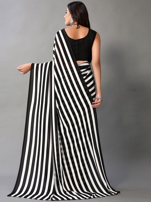 Black & White Striped Printed Ready To Wear Georgette Saree