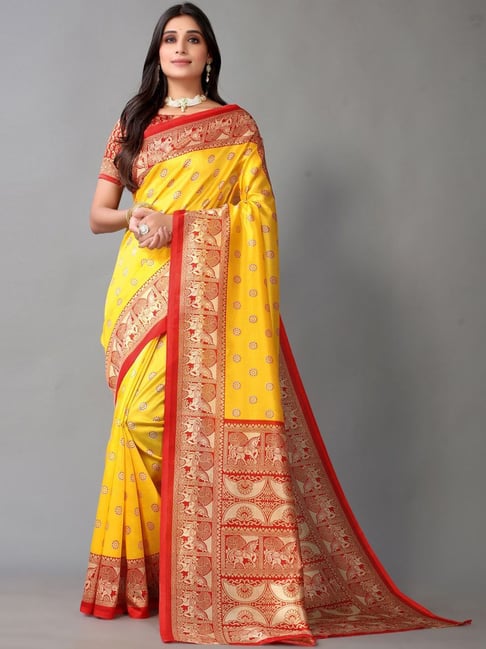 Satrani Yellow Printed Saree With Unstitched Blouse Price in India