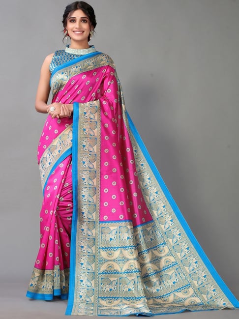 Satrani Pink Printed Saree With Unstitched Blouse Price in India